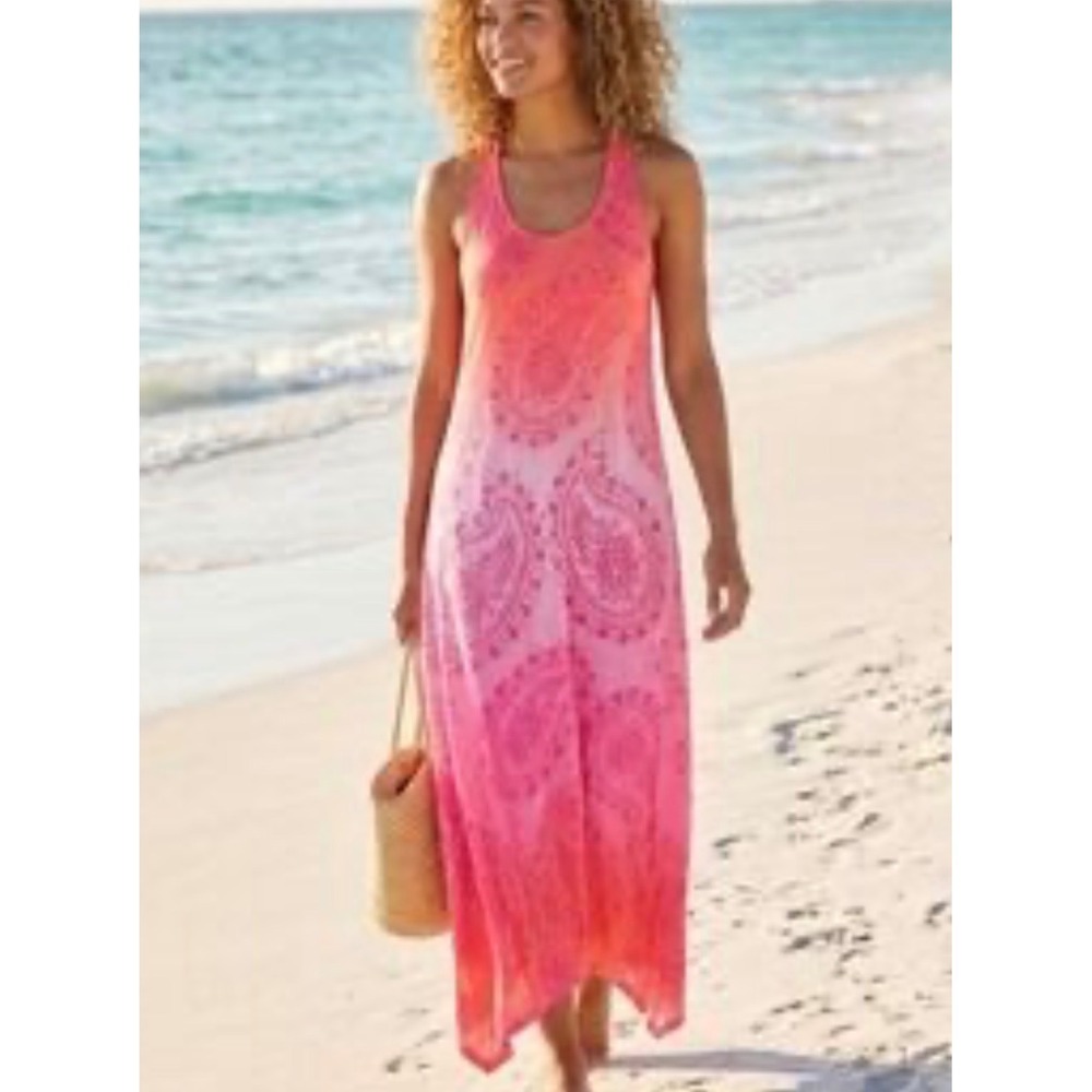 Tommy Bahama Maxi Dress Womens XS Pink Orange Paisley Tropical Racerback Slub